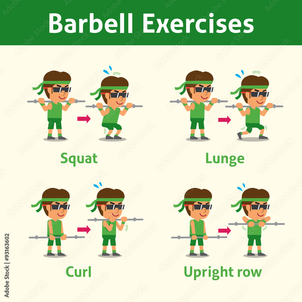 Cartoon set of man doing barbell exercise step for health and fitness