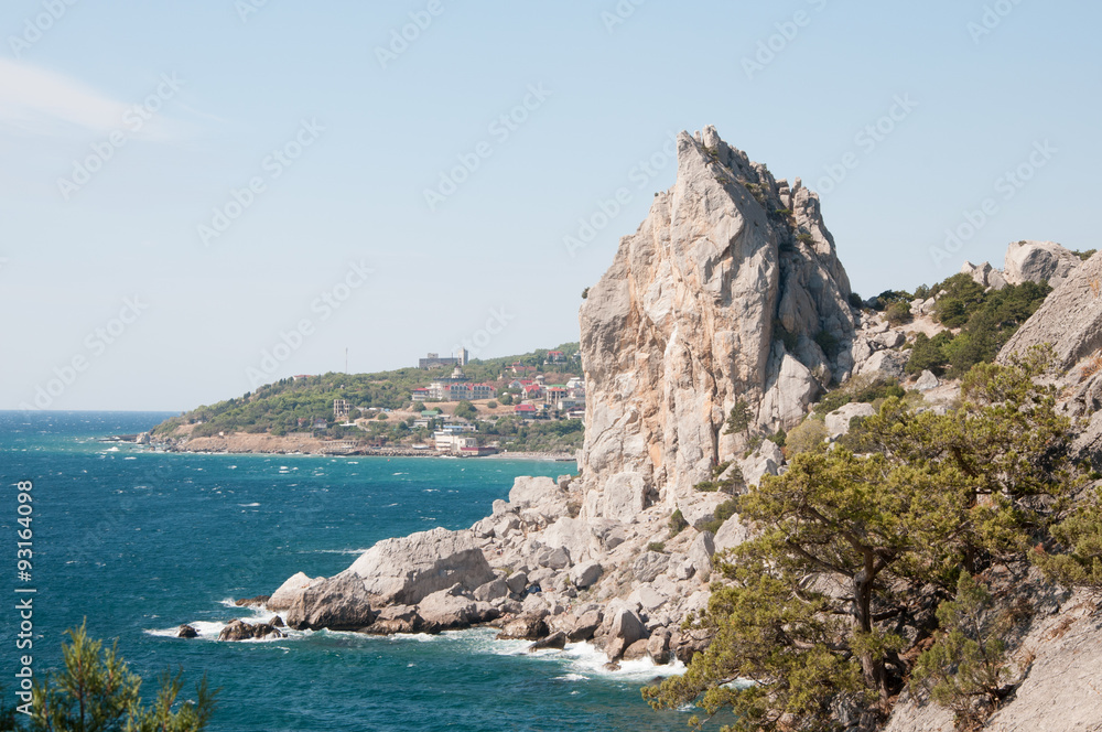 View of Swan Wing rock, Simeiz village shoreline, Crimea