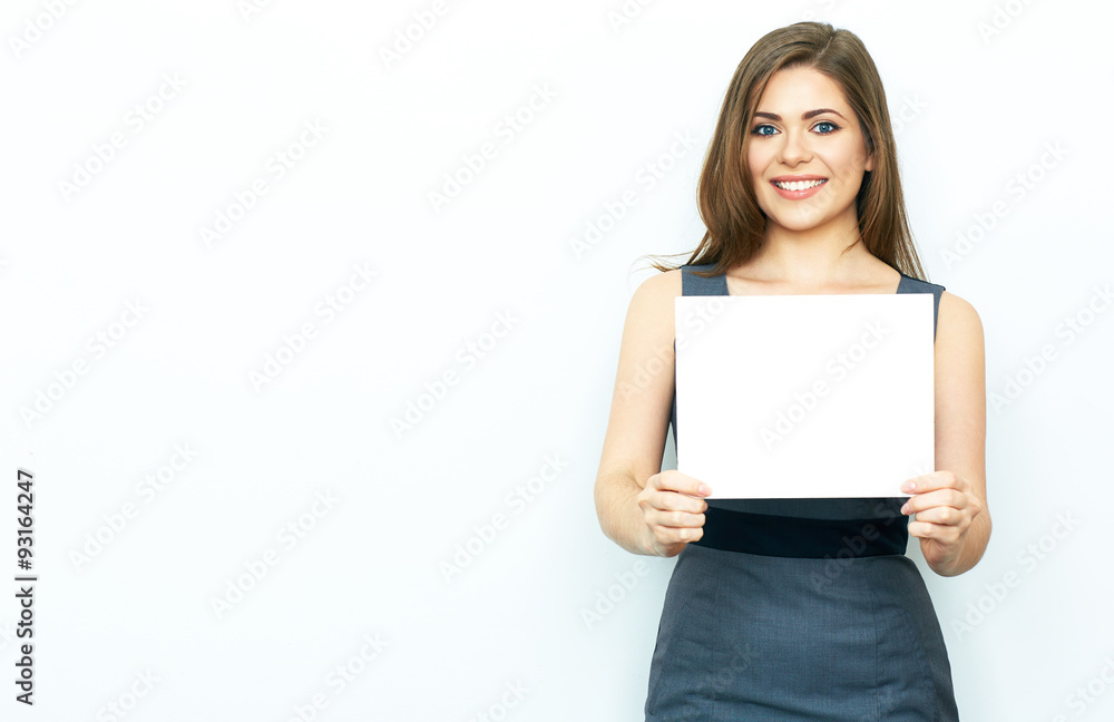 Business Woman hold white card. female model with long hair. Business Woman hold white card. female model with long hair.