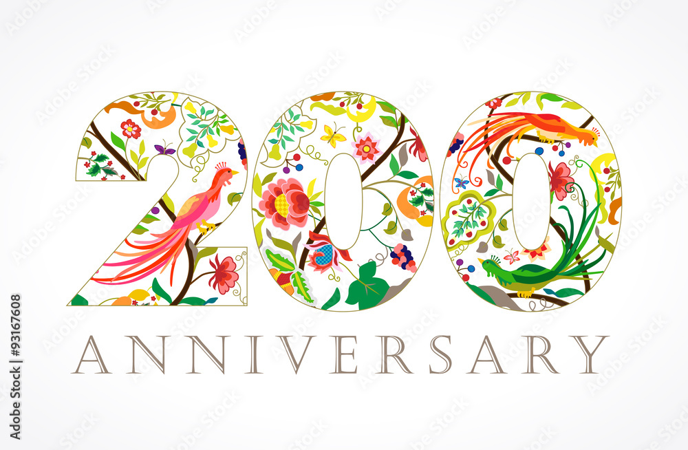 200 anniversary ethnic numbers. The template logo of two hundred years jubilee in vintage patterns with flowers and the birds of paradise.