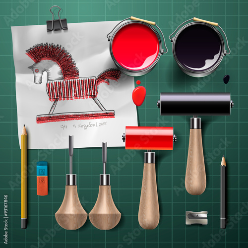 Set of  tools and supplies for engraving, vector illustration.