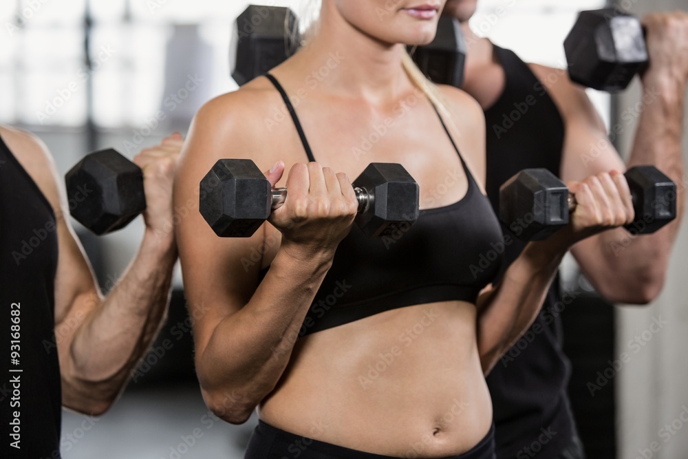 Midsection of people lifting dumbbell Midsection of people lifting dumbbell
