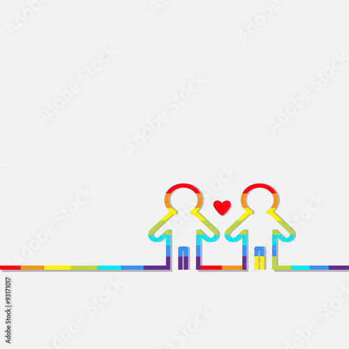 Gay marriage Pride symbol Two contour rainbow man LGBT icon Red heart Flat design