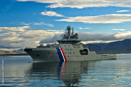 Coast guard ship entering Reykjavik harbor after morning patrol