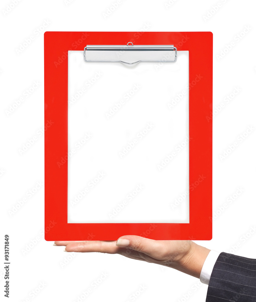 Clipboard with blank paper in woman hand isolated on white Clipboard with blank paper in woman hand isolated on white