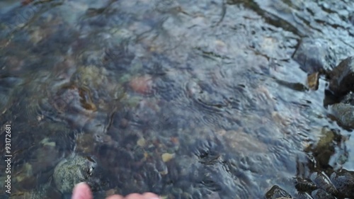 Girl showing stones and beetles amphipods on a mountain river in the Altai.