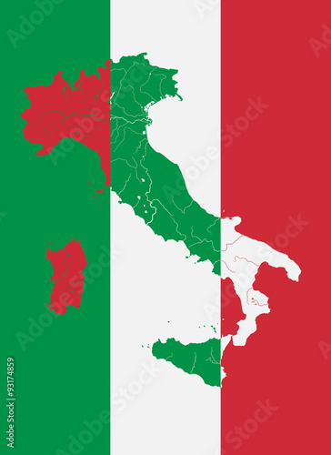 Map of Italy on the Italian flag. Colors of flag are proper. Rivers are shown. #93174859