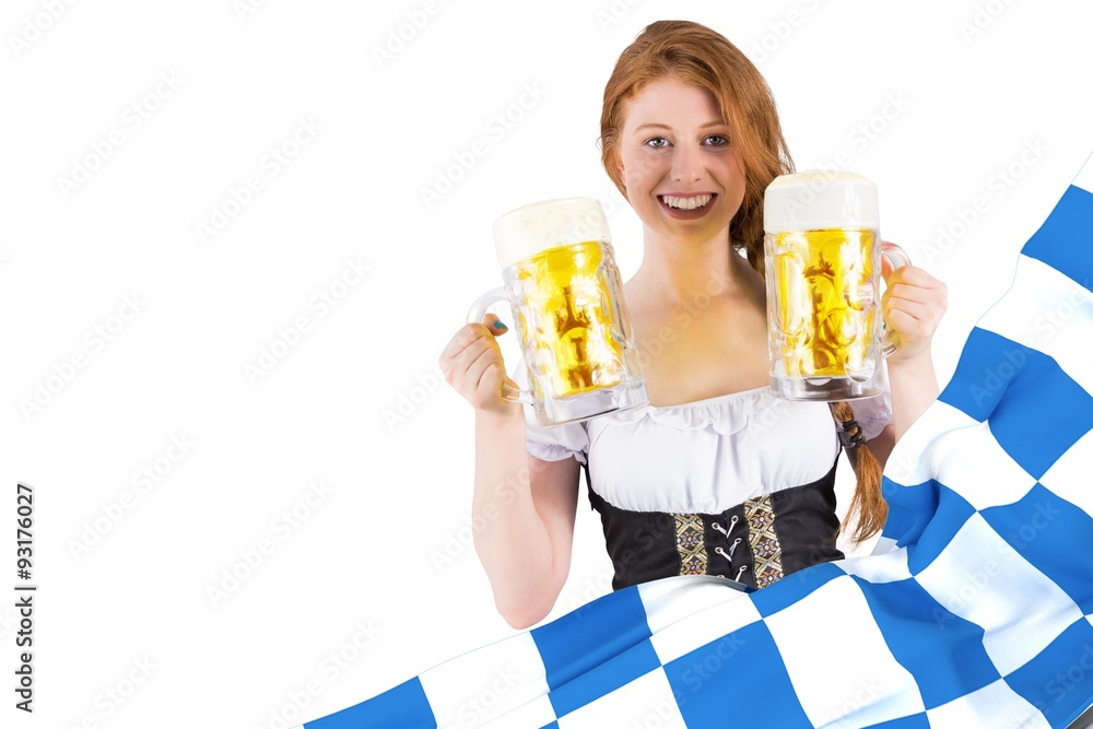 Composite image of oktoberfest girl holding jugs of beer Composite image of oktoberfest girl holding jugs of beer