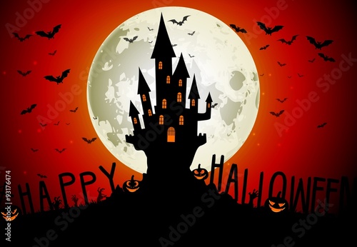 Halloween scary house on full moon background
