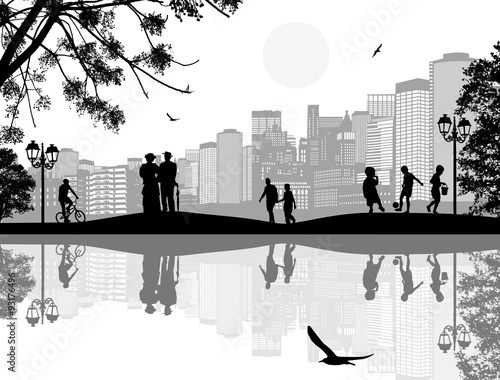 Beautiful landscape and people silhouette