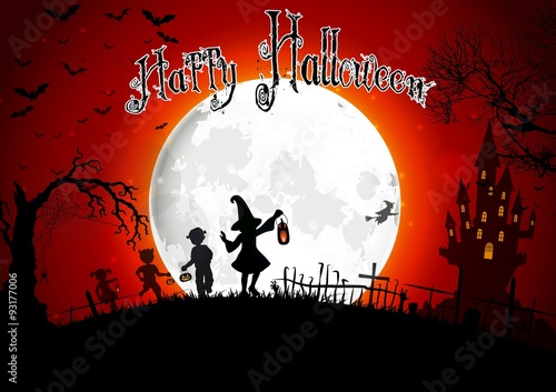 Halloween grave on full moon background with a little girls