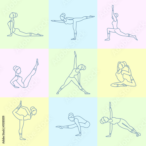 Sport Excercises and Yoga Line Style Icons Set. Vector