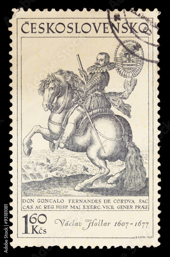 Postage stamp printed in Czechoslovakia showing a portrait of Wenceslaus Hollar riding a horse photo