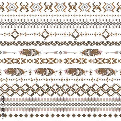 Seamless ethnic Indian pattern. Pattern with feathers and other tribal elements. Abstract pattern.