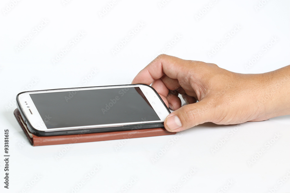 Hand holding smartphone, isolated on white background Hand holding smartphone, isolated on white background