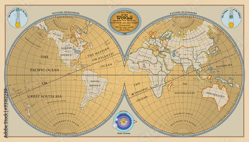 Vector of old globe, map of world with new discoveries of 1799