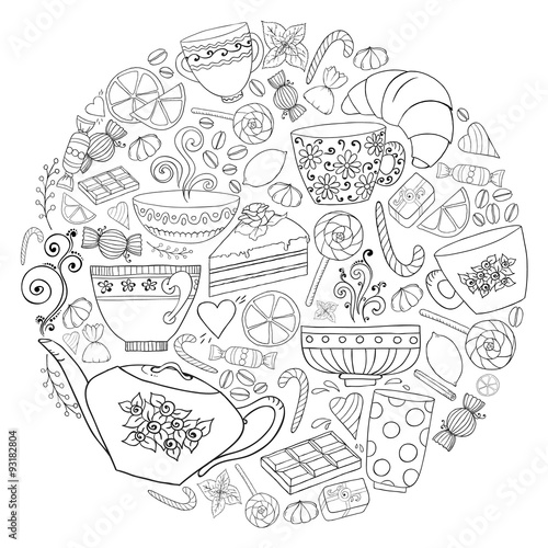 Coffee and tea doodle background in vector with paisley. 