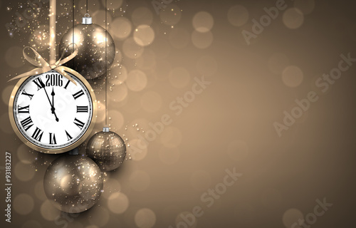 2016 New year golden background with christmas balls.