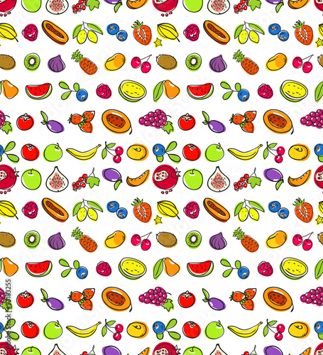 Seamless pattern with fruits.  Bright vivid colors. Cartoon pictures of fruit.