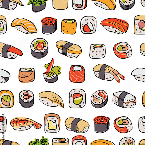 sushi seamless pattern. Colorful pattern with different types of sushi and rolls. Asian motif.