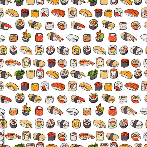 sushi seamless pattern. Colorful pattern with different types of sushi and rolls. Asian motif.