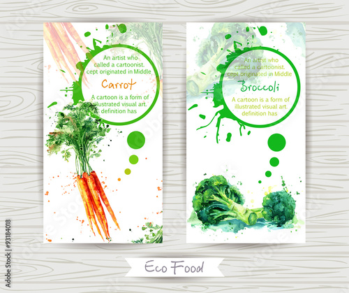 Flyer with broccoli and carrot. Watercolor illustration. Vector Poster Templates with Watercolor Paint Splash and vegetables.