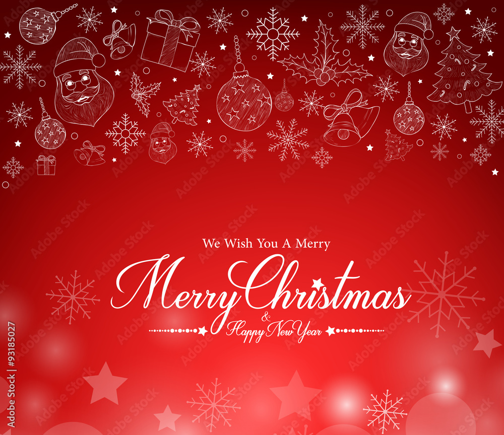 Merry Christmas Greetings Card in Decor Patterns and Red Snow Background. Vector Illustration
