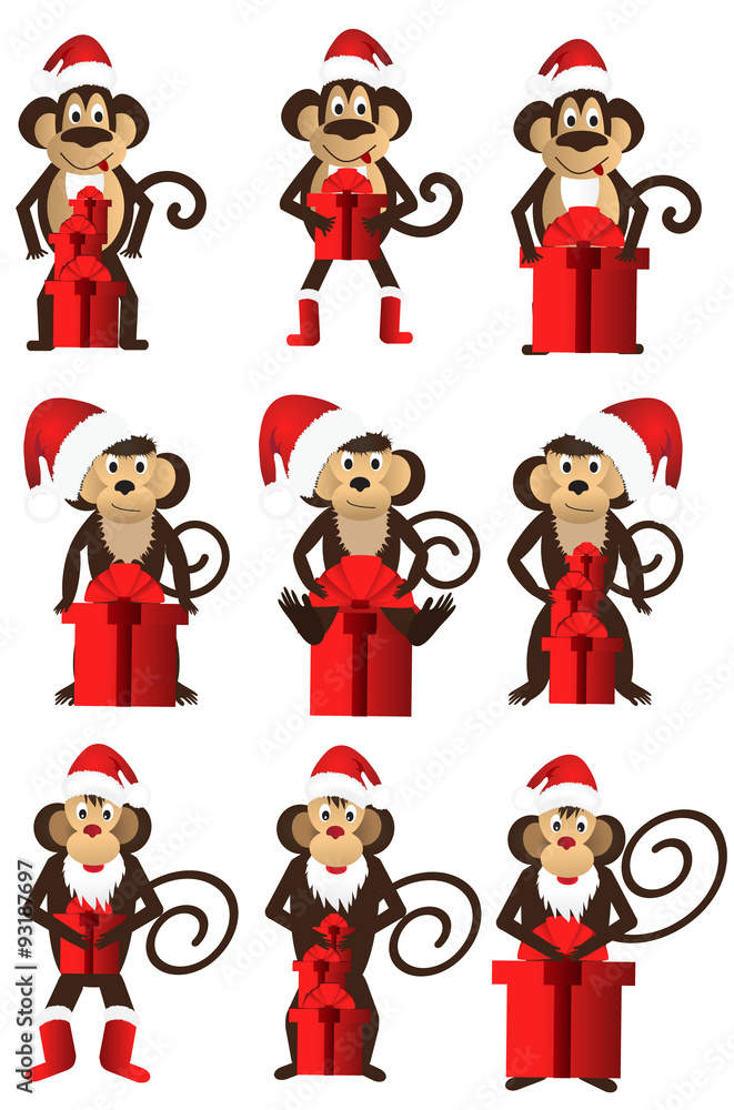 A set of Christmas monkeys with gifts.