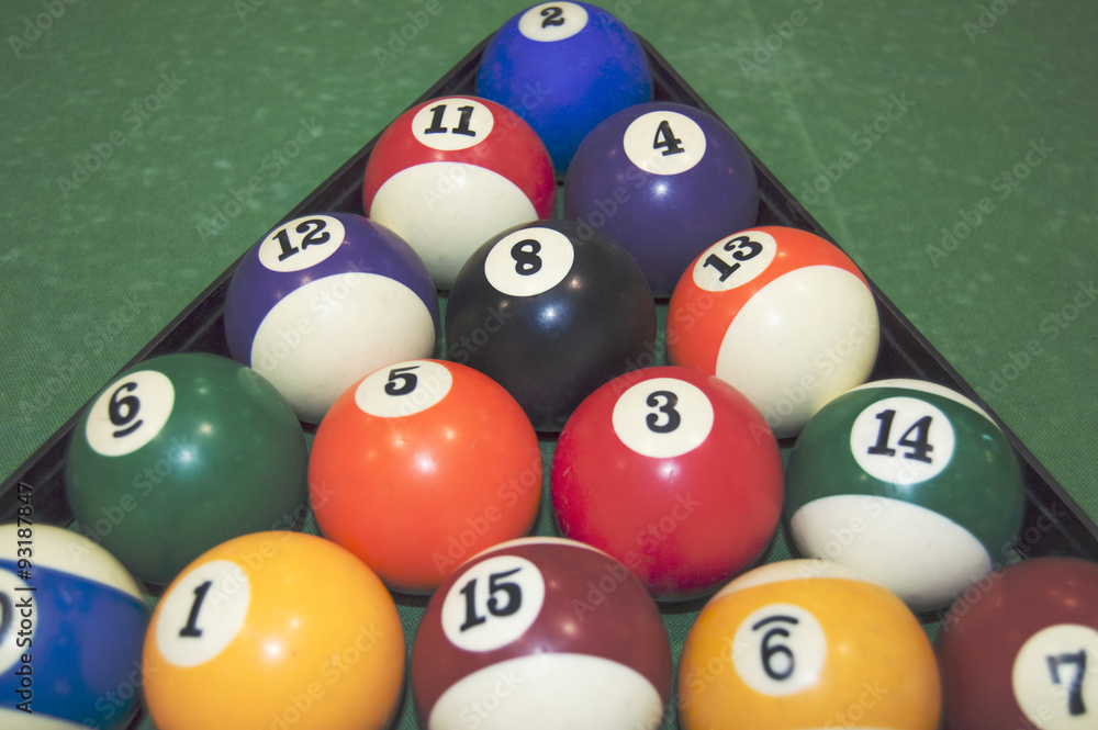 Triangle with billiard balls on the green table, ready to play. Triangle with billiard balls on the green table, ready to play.