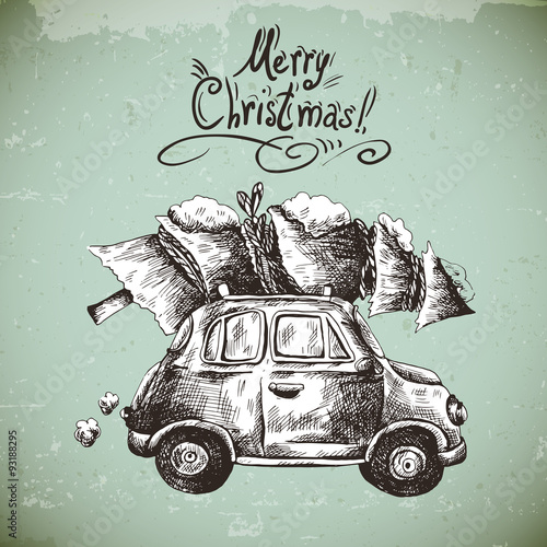  Vintage vector winter greeting card with retro car