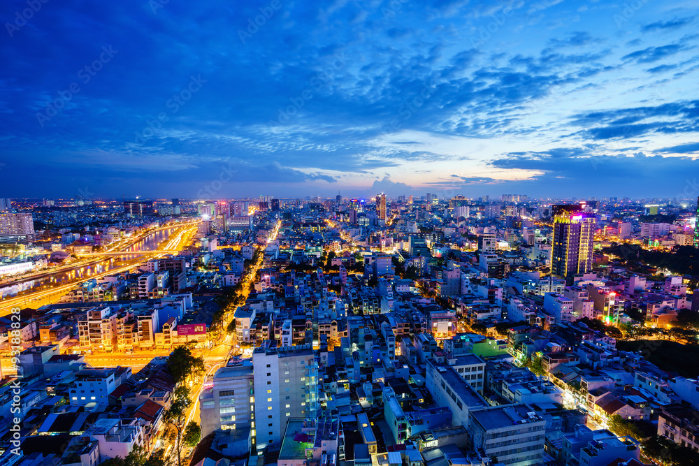 Night view of Business and Administrative Center of Ho Chi Minh city,  Vietnam. Ho Chi Minh city (aka Saigon) is the largest city in Vietnam with  population around 10 million people. Stock