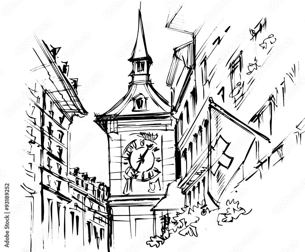 Fototapeta premium Bern’s old town, hand drawing, illustration
