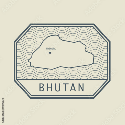 Stamp with the name and map of Bhutan