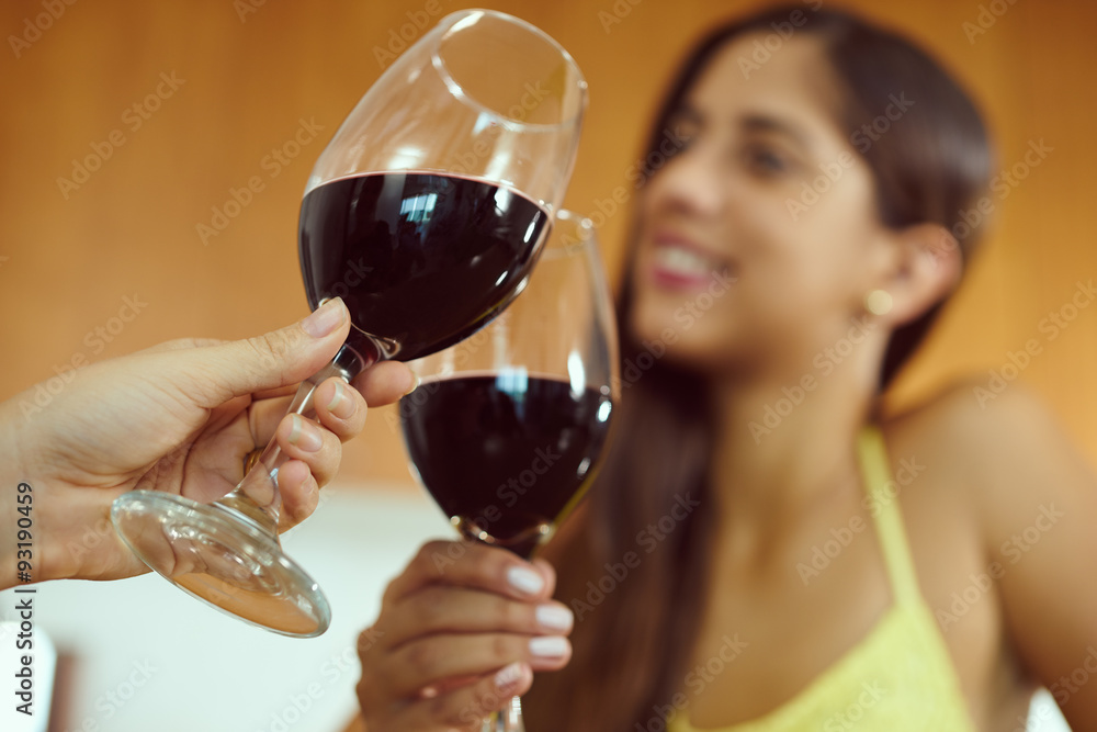 Women Celebrating At Home Doing Toast With Red Wine Women Celebrating At Home Doing Toast With Red Wine