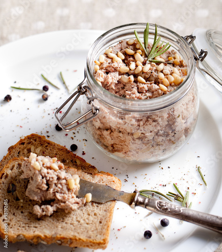 Duck meat terrine, pate with pine nuts, rosemary