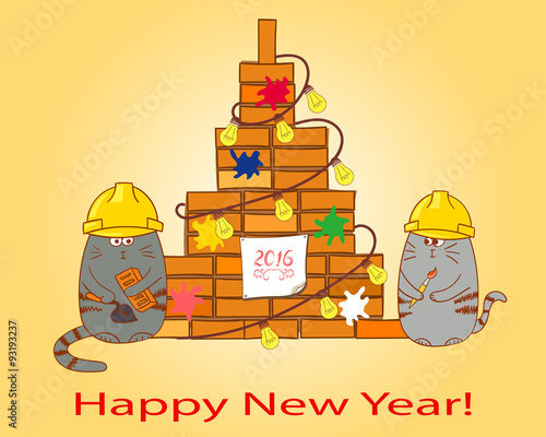 Happy New Year background. Card template. Congratulation for a contraction company. Hand drawn vector illustration.