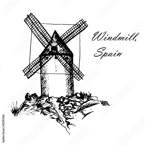 Don Quixote Windmills in Consuegra Spain sketch hand drawn graphics ink vector illustration