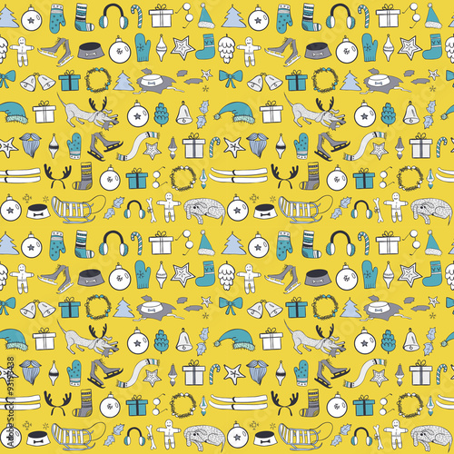 Seamless Christmas pattern with cartoon dog other things, Christmas tree. Funny winter elements. Illustration be used for pattern fills, wallpapers, web page, surface textures. 