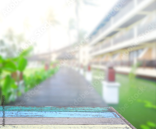 Table Top And Blur Building Of Background