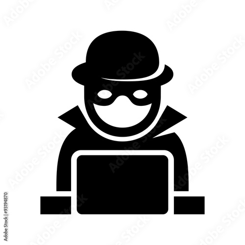 Anonymous Hacker Spy Icon Searching on Laptop. Vector