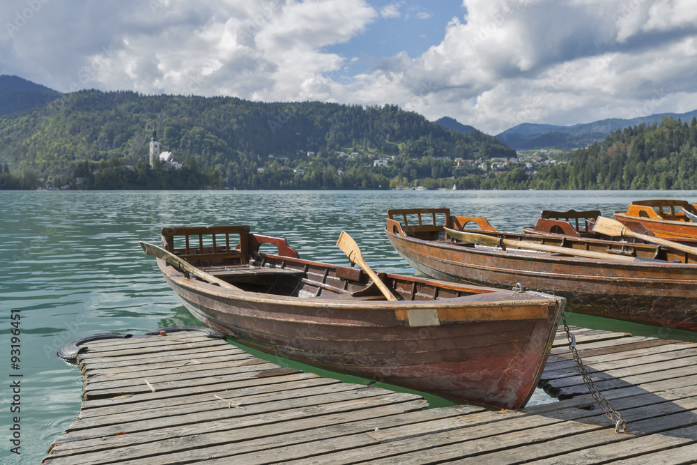 Boats at the pier of Lake Bled.