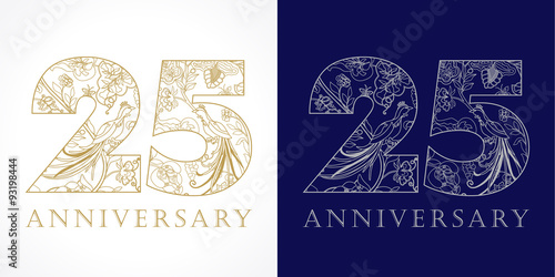 25 anniversary vintage logo. Template numbers of 25th jubilee in ethnic patterns and birds of paradise.