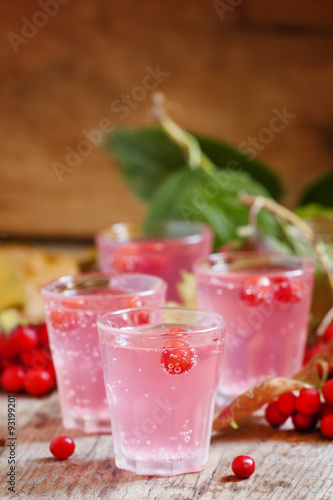 Pink cocktail with viburnum, cranberry and mountain ash on an au