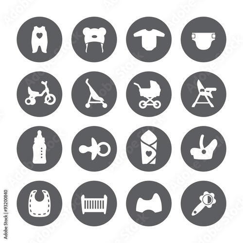 Goods for newborns icons. Vector signs. Shop for children.

