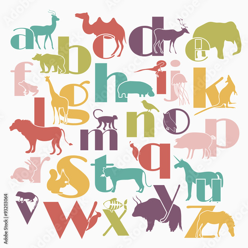 Vector zoo alphabet with cartoon animals isolated on white backg