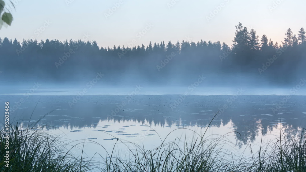 Panning timelapse shot of foggy lake in morning Panning timelapse shot of foggy lake in morning