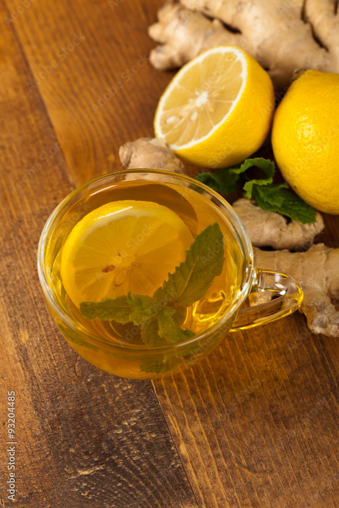 Ginger tea. Ginger, lemon, mint leaves. Selective focus. Ginger tea. Ginger, lemon, mint leaves. Selective focus.