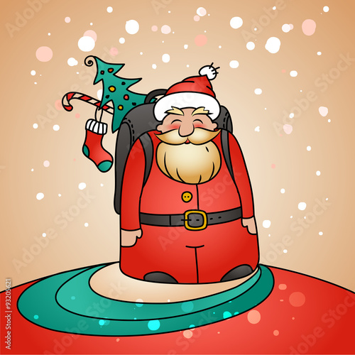 Holiday card with Santa Claus and winter landscape