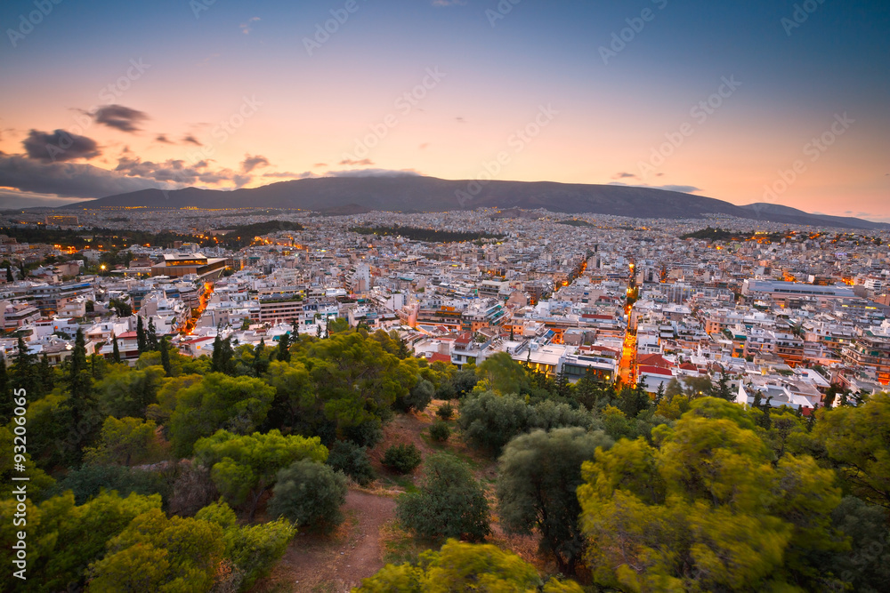 Morning view of Athens from Filopappou hill, Greece.