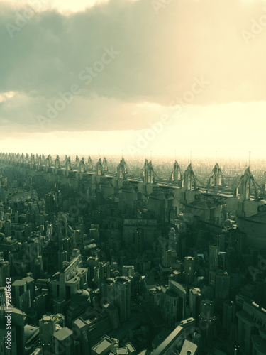 Science fiction illustration of a futuristic science fiction city skyline in a green haze or smog, 3d digitally rendered illustration